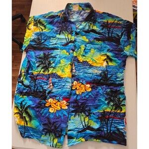 VTG St Lucia Hawaiian Shirt Blue and Yellow With Sailing & Palm Trees Large